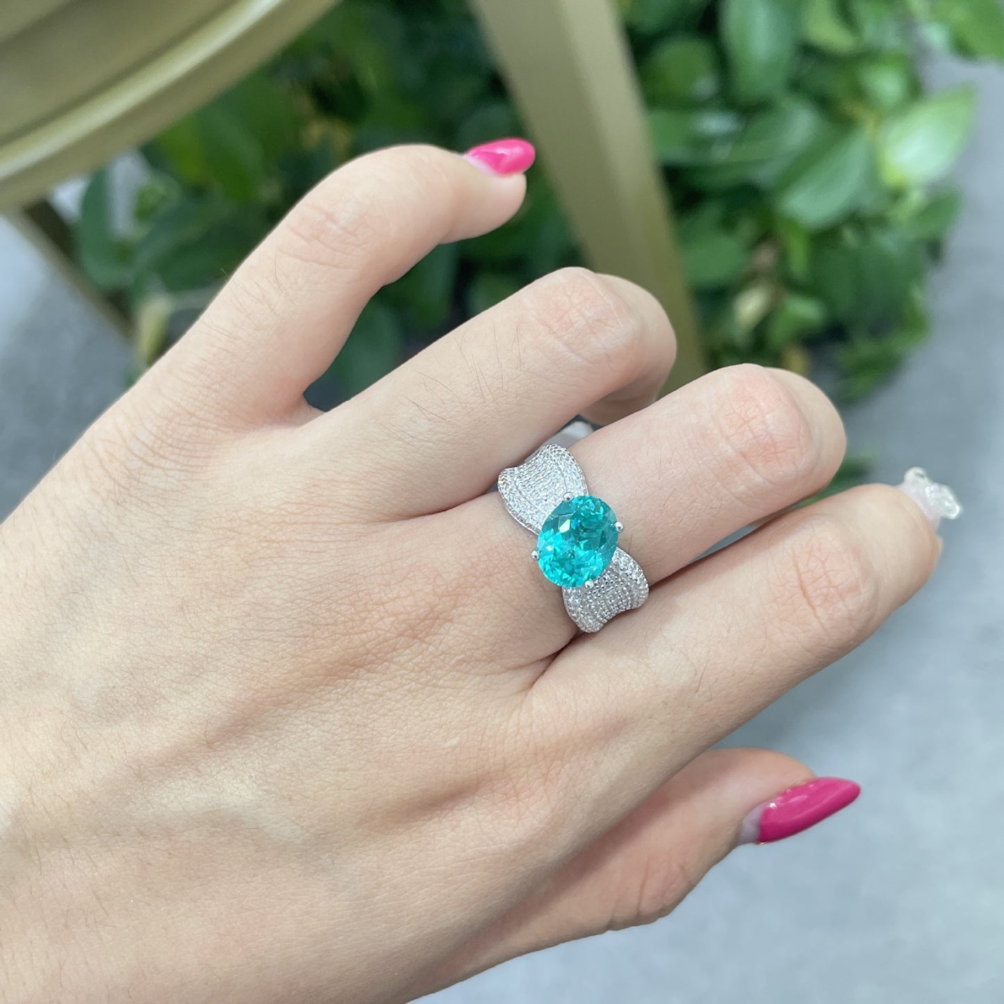 3 Carat Oval Blue-Green Ring with Wide Sparkling Band product image