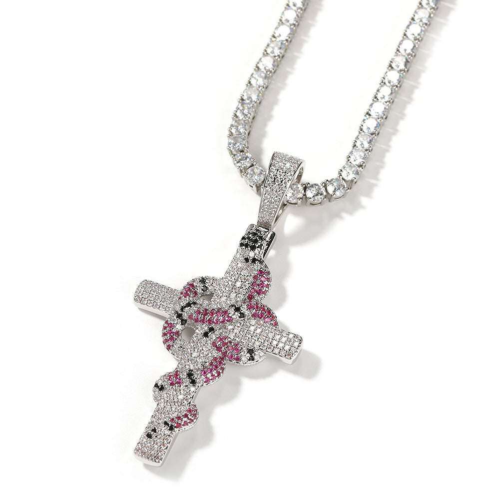 Silver Plated Iced Out Snake Cross Pendant Necklace with Cubic Zirconia Twisted Chain for Women