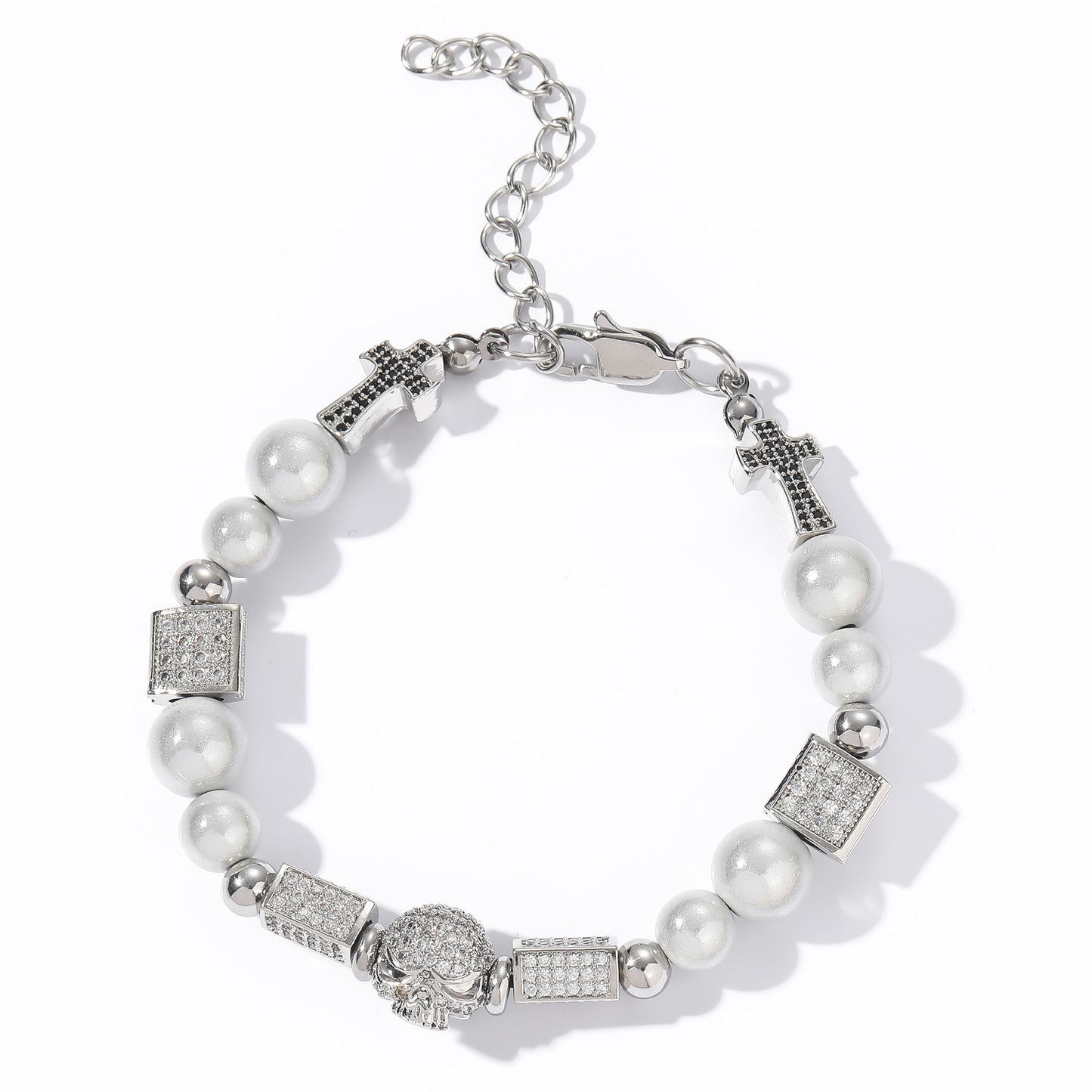 Hip Hop Vintage Cross Skull Pearl Bracelet for Men