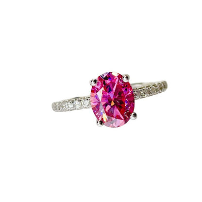 Pink Oval Moissanite Ring for Women, Classic Pavé Band Engagement Ring, 1 Carat or 2 Carat