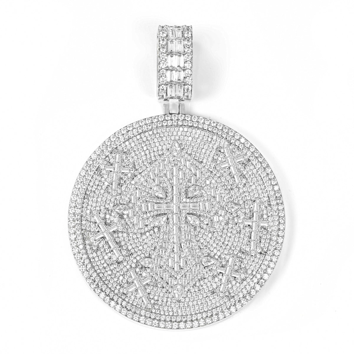 Moissanite Cross Pendant Necklace, Round Disc Iced-Out Rope Chain product image
