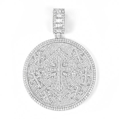 Moissanite Cross Pendant Necklace, Round Disc Iced-Out Rope Chain