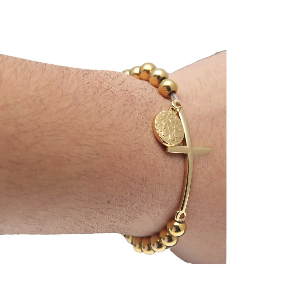 Gold Plated Stainless Steel Cross Beaded Bracelet with Round Charm for Women & Men product image