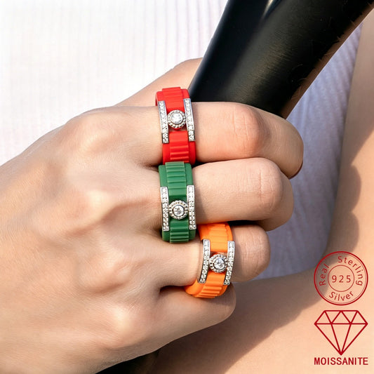 Moissanite Silicone Ring with 925 Silver Accent, Unisex Statement Band