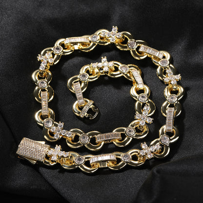 Men’s Iced Cross Chain Necklace & Bracelet Set in Gold or Silver Tone with Cubic Zirconia