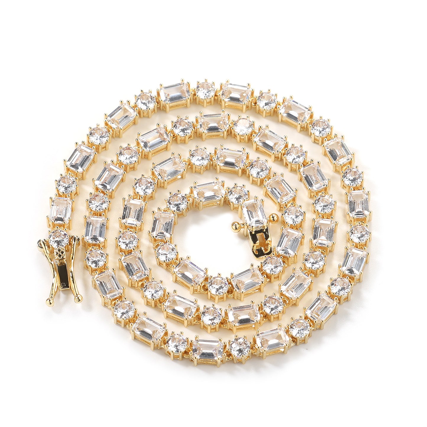 Gold CZ Tennis Necklace for Women and Men, Copper Necklace with Round & Rectangular Cubic Zirconia