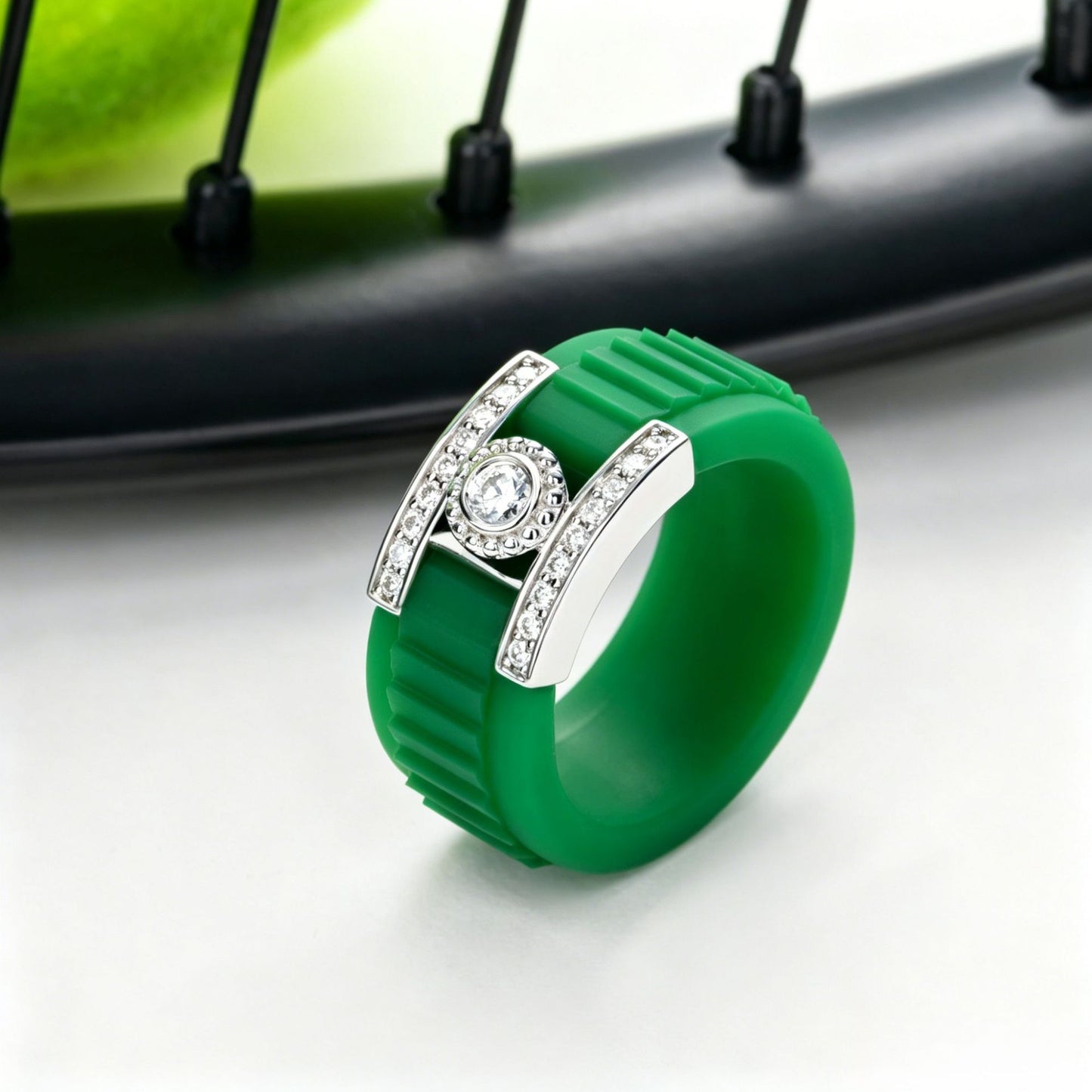 Moissanite Silicone Ring with 925 Silver Accent, Unisex Statement Band