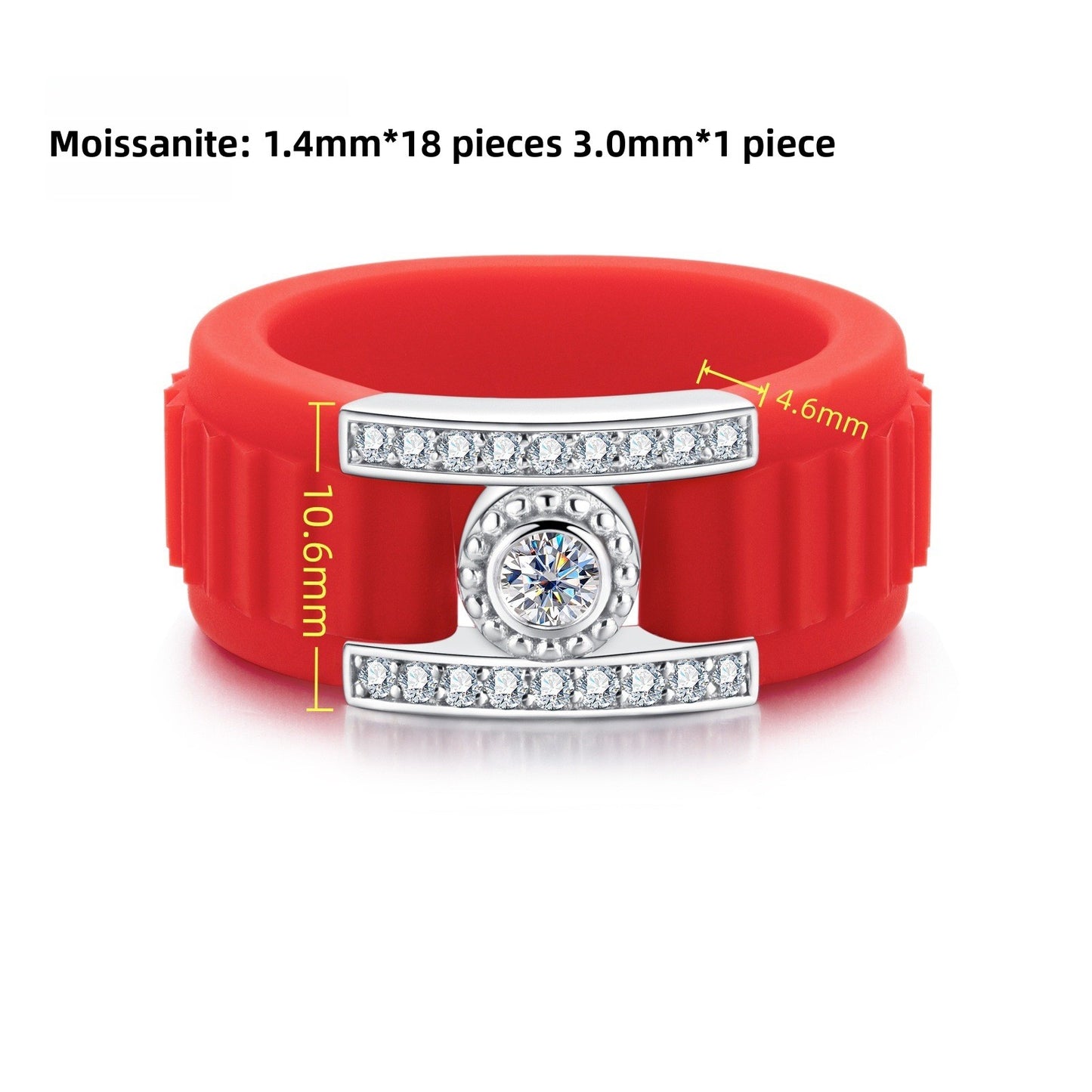 Moissanite Silicone Ring with 925 Silver Accent, Unisex Statement Band
