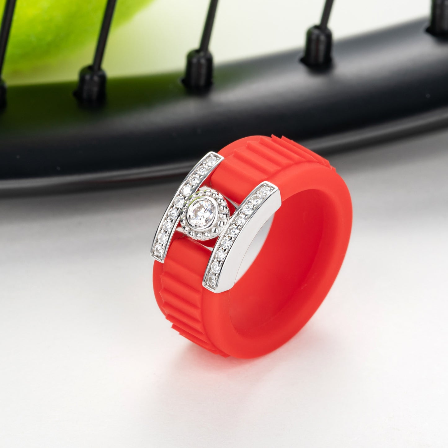 Moissanite Silicone Ring with 925 Silver Accent, Unisex Statement Band