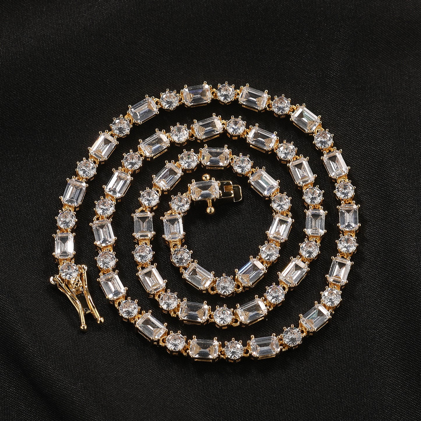 Gold CZ Tennis Necklace for Women and Men, Copper Necklace with Round & Rectangular Cubic Zirconia