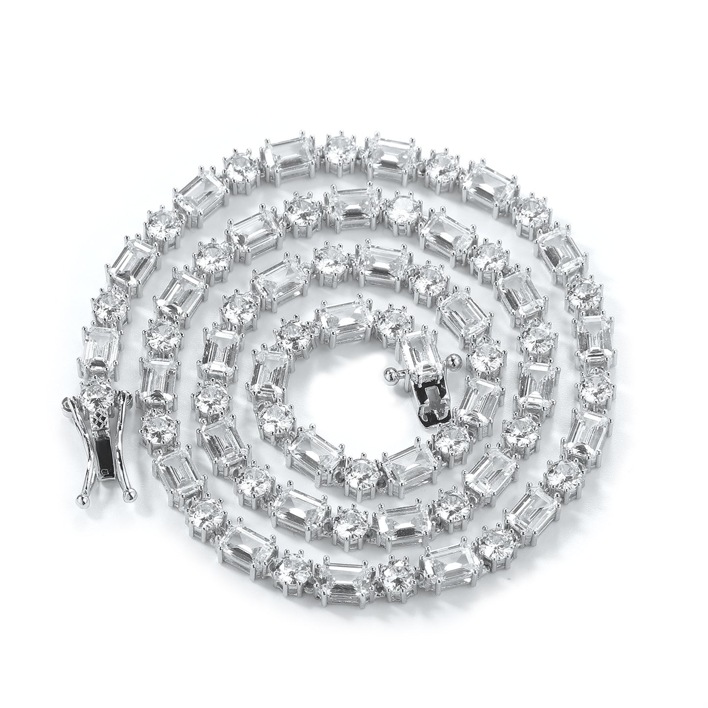Gold CZ Tennis Necklace for Women and Men, Copper Necklace with Round & Rectangular Cubic Zirconia