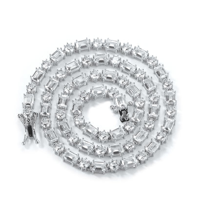 Gold CZ Tennis Necklace for Women and Men, Copper Necklace with Round & Rectangular Cubic Zirconia