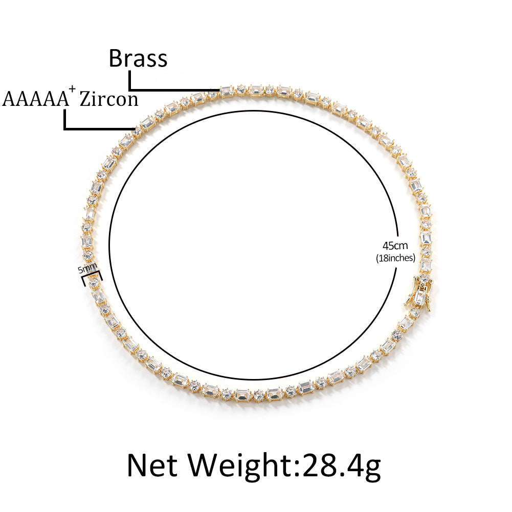 Gold CZ Tennis Necklace for Women and Men, Copper Necklace with Round & Rectangular Cubic Zirconia