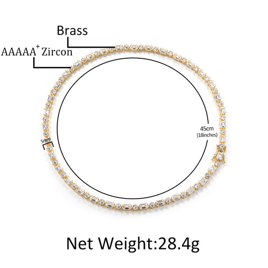 Gold CZ Tennis Necklace for Women and Men, Copper Necklace with Round & Rectangular Cubic Zirconia