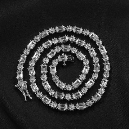 Gold CZ Tennis Necklace for Women and Men, Copper Necklace with Round & Rectangular Cubic Zirconia