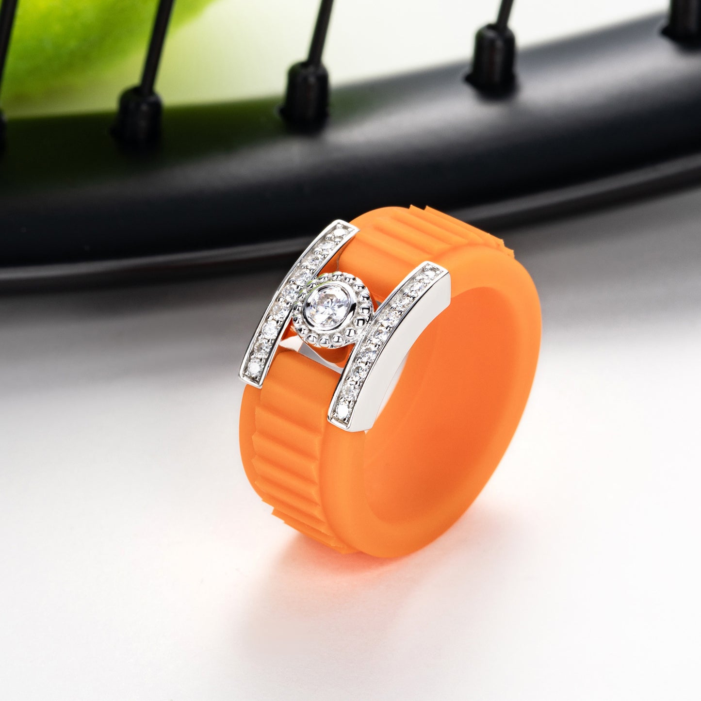 Moissanite Silicone Ring with 925 Silver Accent, Unisex Statement Band