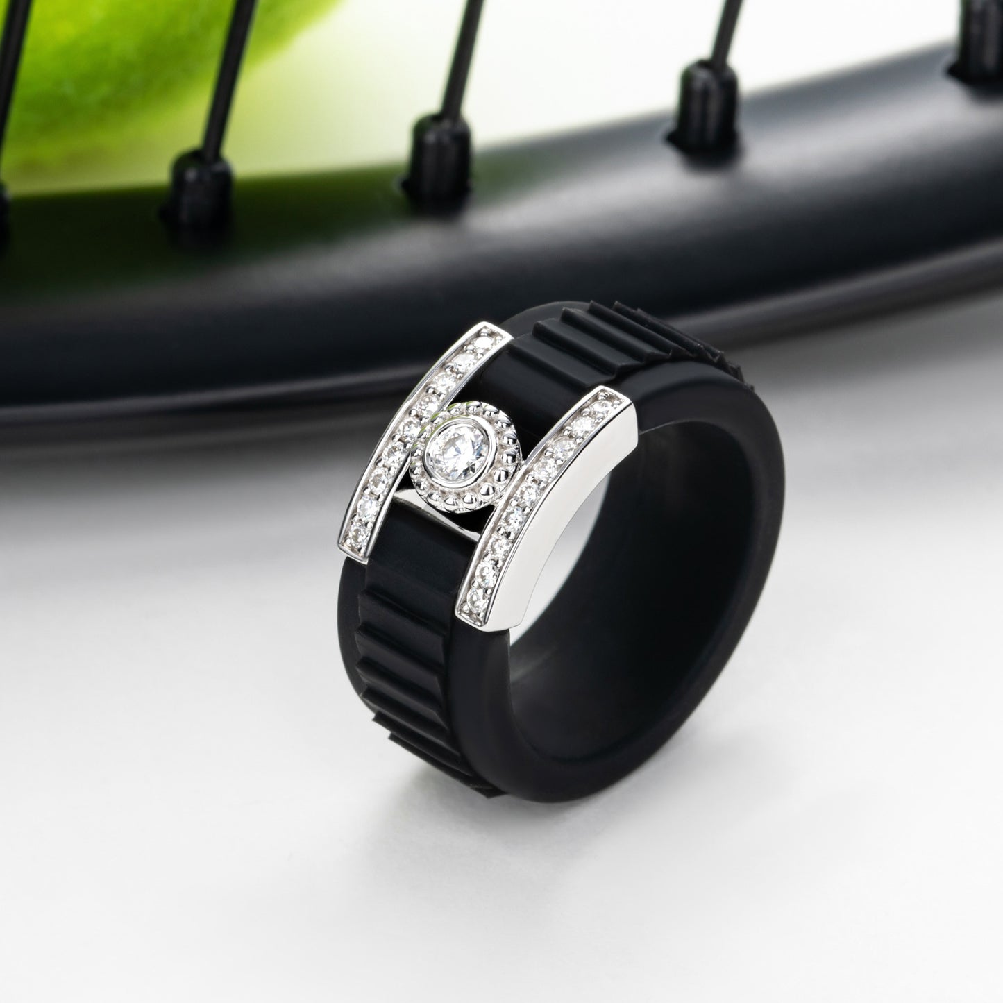 Moissanite Silicone Ring with 925 Silver Accent, Unisex Statement Band