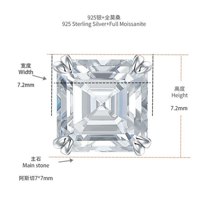 2 Carat Asscher Cut Moissanite Stud Earrings, 925 Silver, D Color, Unisex Square Sparkle
