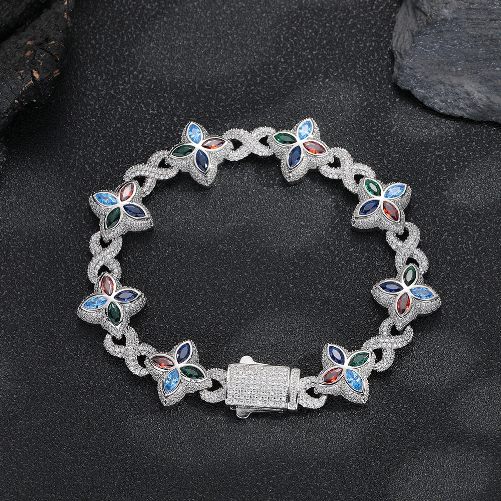 Clover Cuban Link Cubic Zirconia Bracelet & Necklace, Unisex Hip Hop Jewelry
