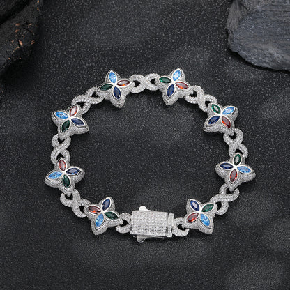 Clover Cuban Link Cubic Zirconia Bracelet & Necklace, Unisex Hip Hop Jewelry