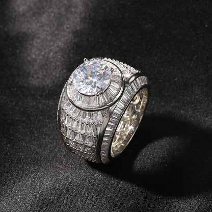 Silver tone round cubic zirconia wide statement ring front view