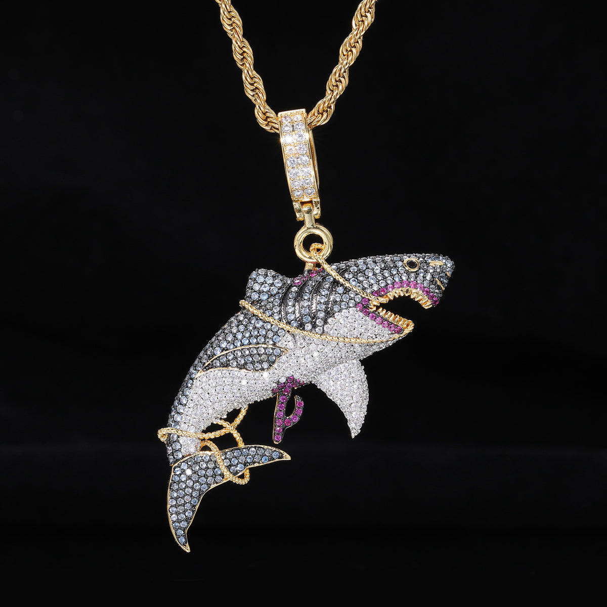 Iced Out Shark Pendant Necklace in Gold Tone with Cubic Zirconia Hip Hop Statement Chain product image