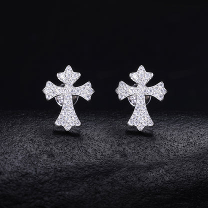 Moissanite Cross Stud Earrings, S925 Sterling Silver, Unisex Geometric Sparkle Studs
