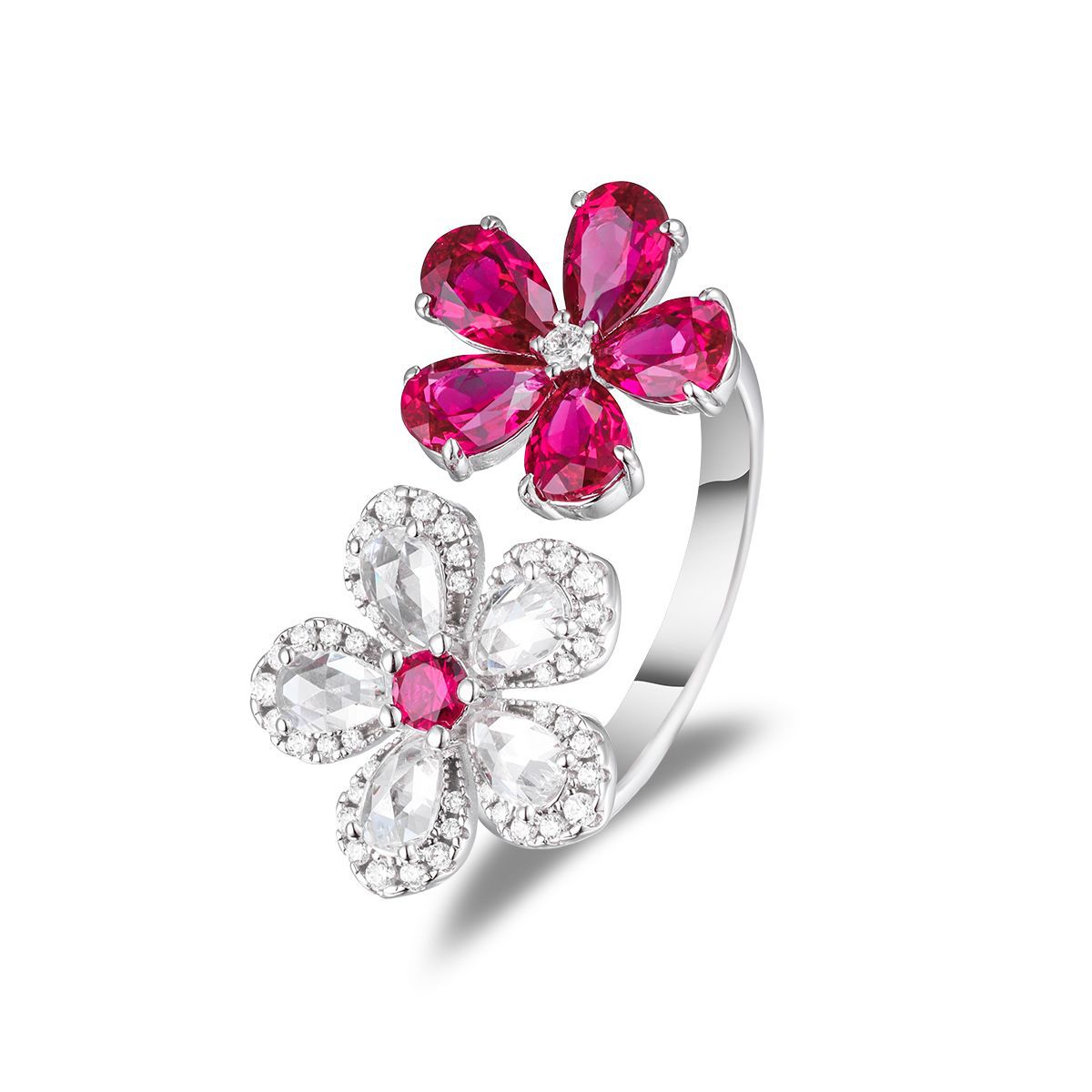 Vintage Flower Ring in 925 Silver, Lab-Grown Gemstone Floral Design product image