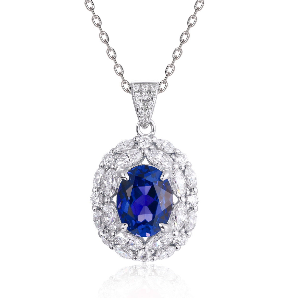 925 Silver Royal Blue Oval Halo Necklace Set with Stud Earrings and Ring product image