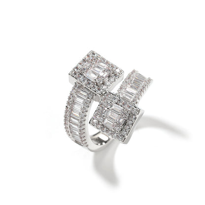 Silver tone square halo cubic zirconia statement ring