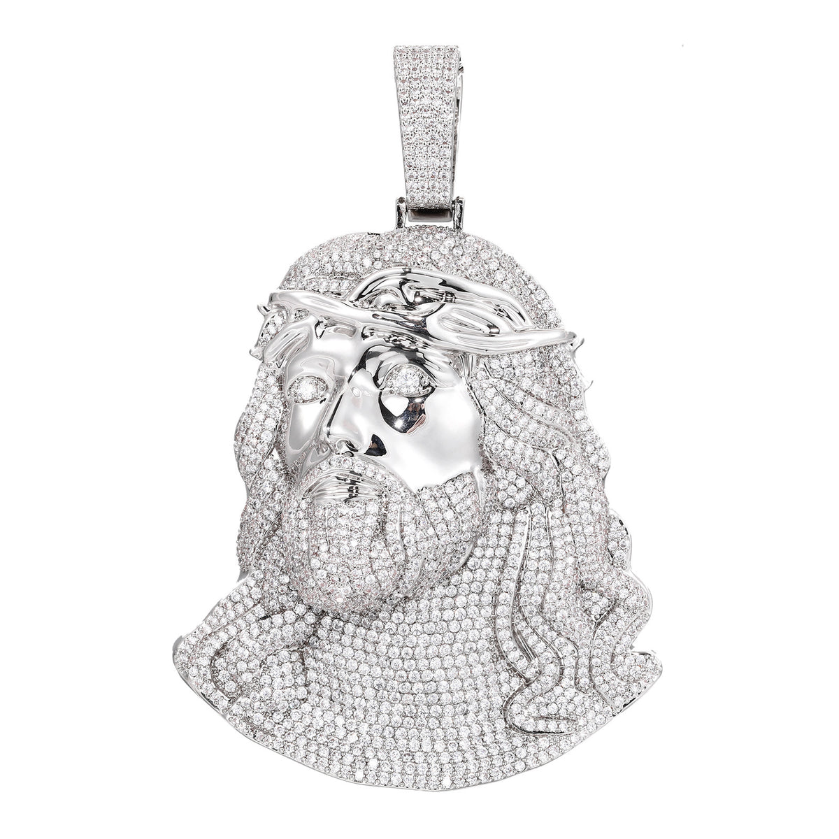 Iced Out Jesus Face Pendant Necklace with Cuban Link Chain, Silver Tone Cubic Zirconia Hip Hop Jewelry product image