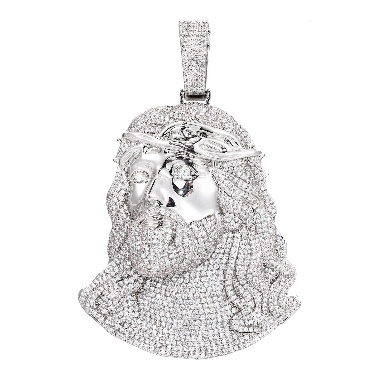Iced Out Jesus Face Pendant Necklace with Cuban Link Chain, Silver Tone Cubic Zirconia Hip Hop Jewelry product image
