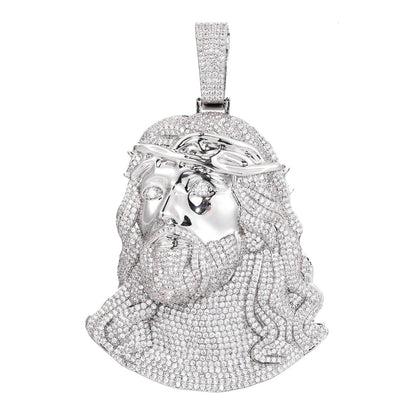 Iced Out Jesus Face Pendant Necklace with Cuban Link Chain, Silver Tone Cubic Zirconia Hip Hop Jewelry