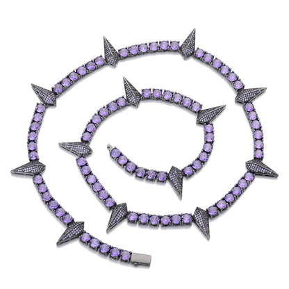 Purple Cubic Zirconia Spike Tennis Chain Bracelet and Necklace Set, Unisex Hip Hop Jewelry