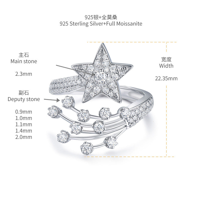 Moissanite Star Open Ring for Women, Silver Comet Celestial Ring product image