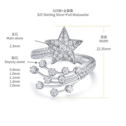 Moissanite Star Open Ring for Women, Silver Comet Celestial Ring
