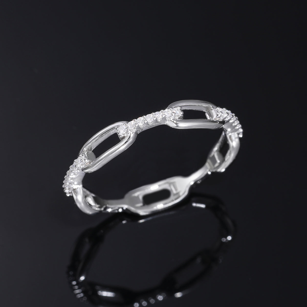 925 Silver Moissanite Chain Link Ring – Geometric Pavé Band for Women and Men product image