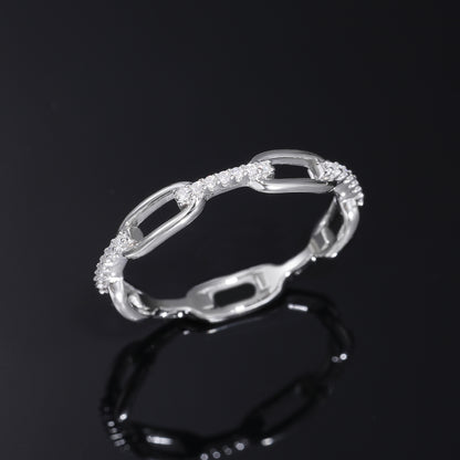 925 Silver Moissanite Chain Link Ring – Geometric Pavé Band for Women and Men
