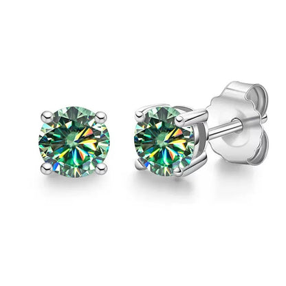 S925 Moissanite Stud Earrings, Classic Four-Prong Round Earrings for Women, Colored and White Stone Options