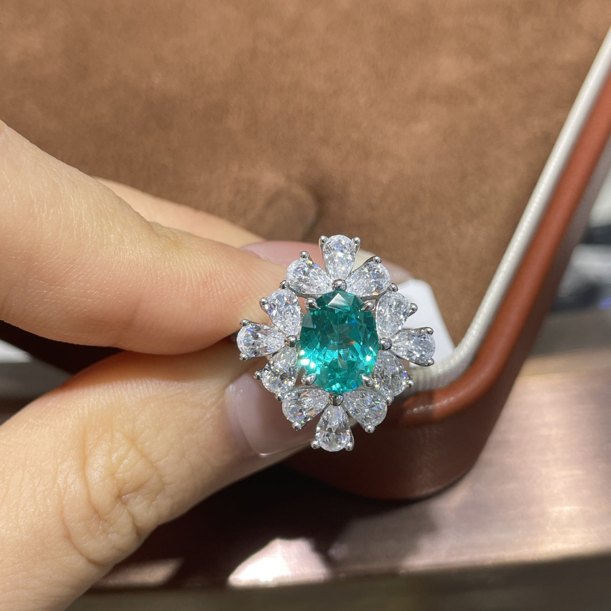 Green Oval Halo Wedding Ring for Women, S925 Silver Gold-Plated Paraiba-Style Ring product image