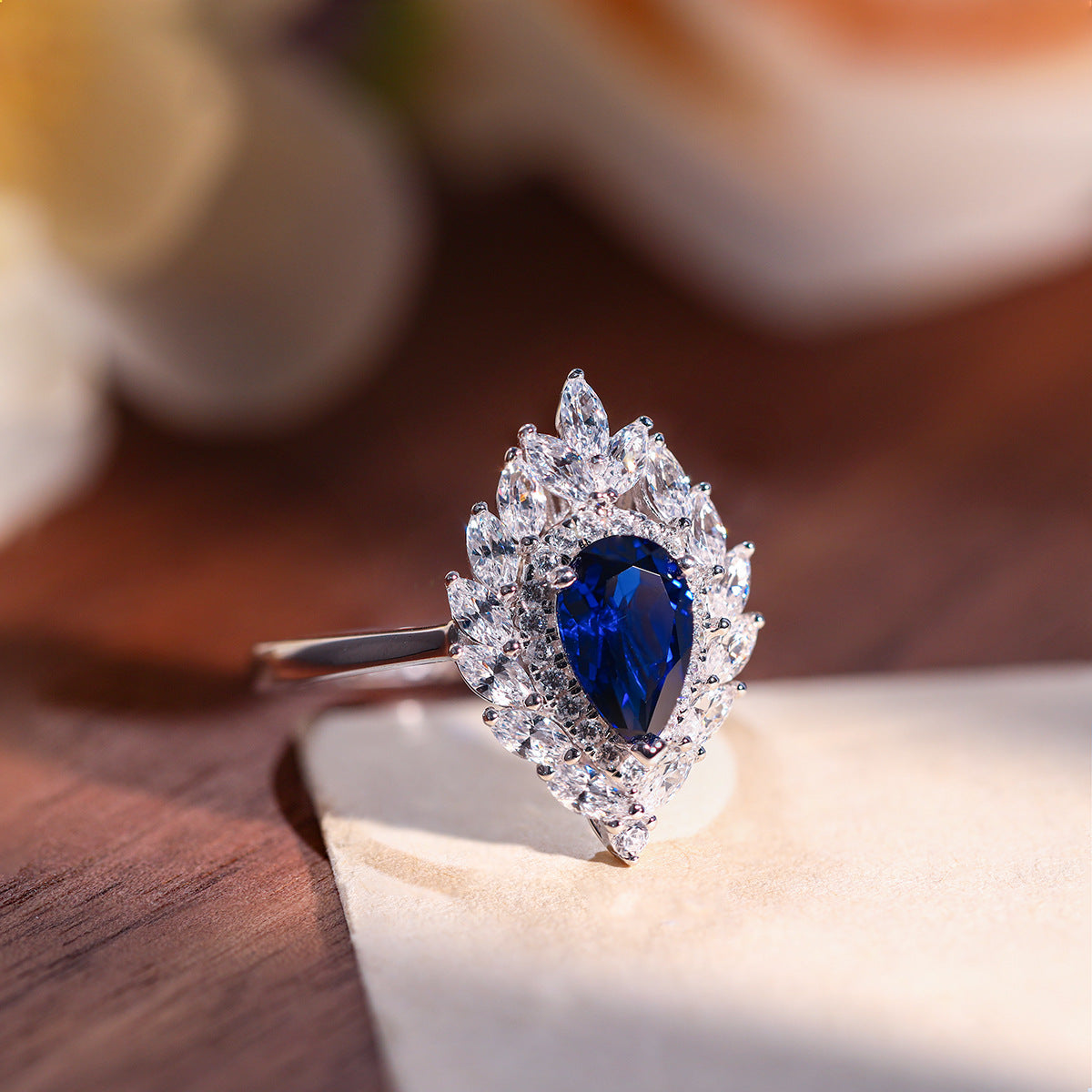 925 Silver Blue Teardrop Halo Ring and Earrings Set product image