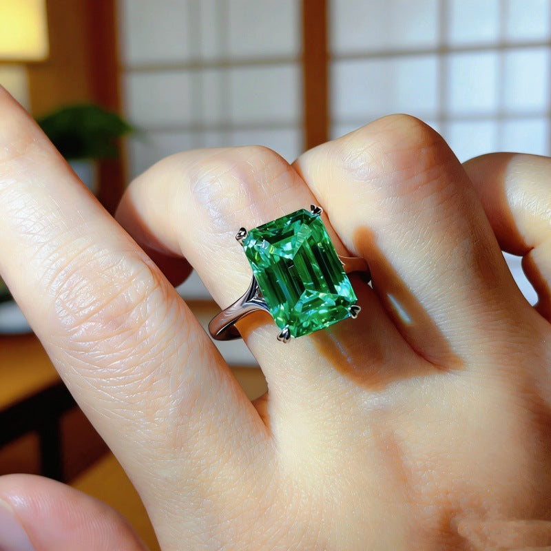 Emerald Cut Moissanite Ring for Women, Geometric Solitaire Engagement Ring, Color Stone Statement Ring
