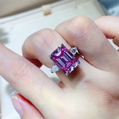 Pink Moissanite Ring for Women, Geometric Rectangle Engagement Ring with Side Stones