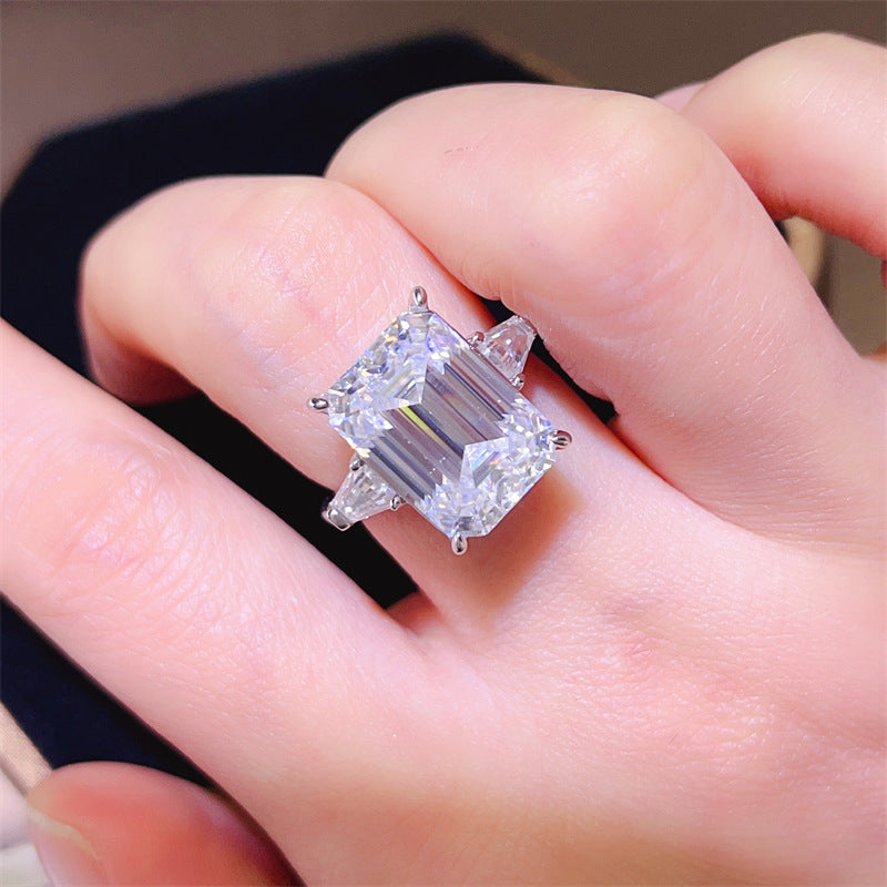 Emerald Cut Moissanite Engagement Ring for Women, Geometric Solitaire Ring with Side Stones product image