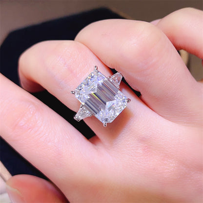 Emerald Cut Moissanite Engagement Ring for Women, Geometric Solitaire Ring with Side Stones