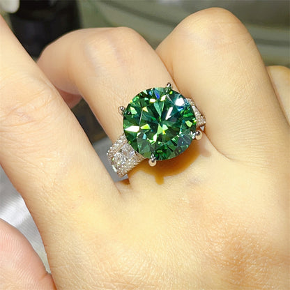 Green Moissanite Ring with Triple Row Pavé Band, U-Shape Statement Engagement Ring
