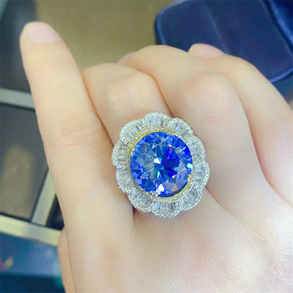 Blue Moissanite Halo Ring for Women, 5 Carat Floral Cluster Engagement Ring