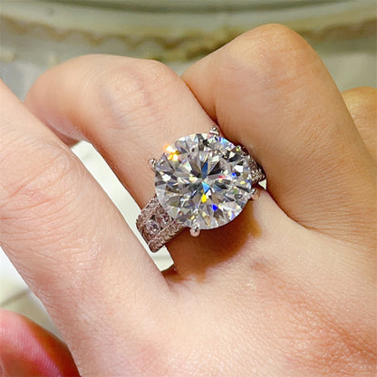 10 Carat Moissanite Ring with Triple Row Pavé Band, Round Statement Engagement Ring
