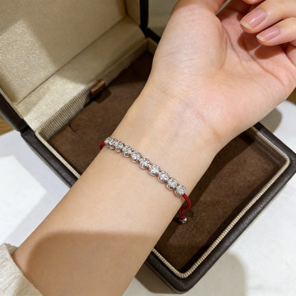 Moissanite Tennis Bracelet on Red Cord, Round Stone Adjustable Bracelet for Women