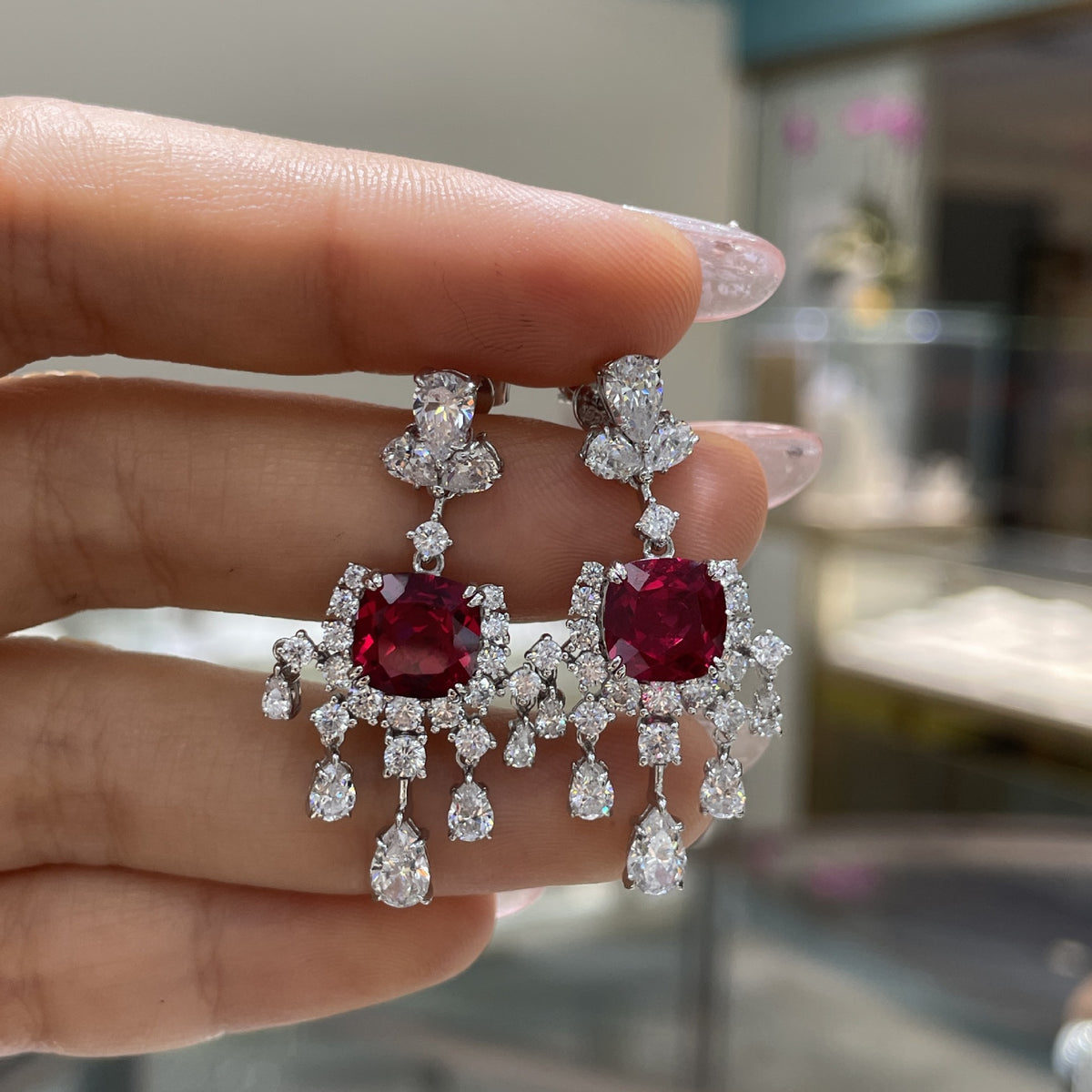 Red Crystal Drop Earrings, Cushion-Cut Dangle Earrings with Clear Sparkle Accents product image